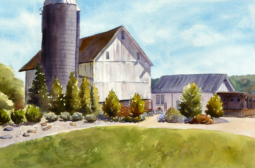 Lorrie Herman - watercolor "Sunny Side Barns"