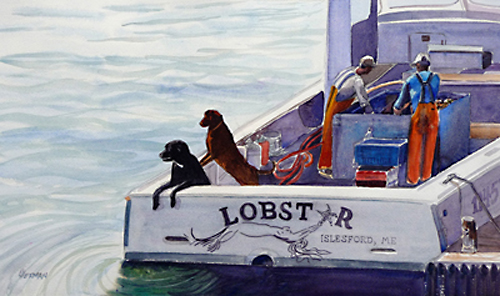 Lorrie Herman - watercolor "Lobstar Dogs"